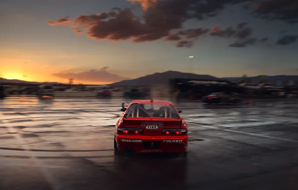 Картинка Silvia, Nissan, Red, Drift, Clouds, Sunset, Tuning, S13