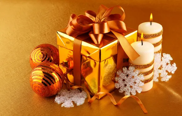 Снежинки, праздник, подарок, игрушки, новый год, свечи, декорации, happy new year