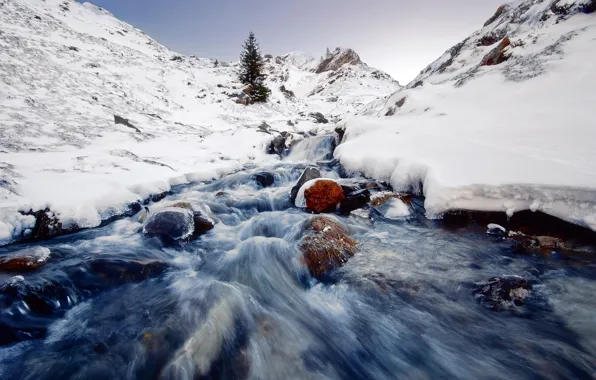 Картинка снег, природа, река, камни, скалы, лёд, потоки