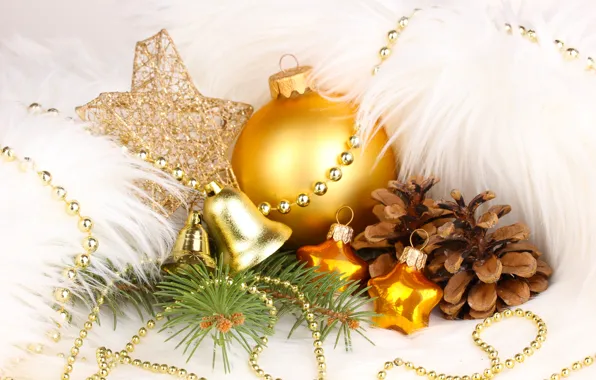 Звезды, украшения, игрушки, шар, Новый Год, Рождество, золотой, колокольчики