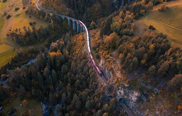 Картинка river, Switzerland, bridge, autumn, tunnel, train, railway, aerial view