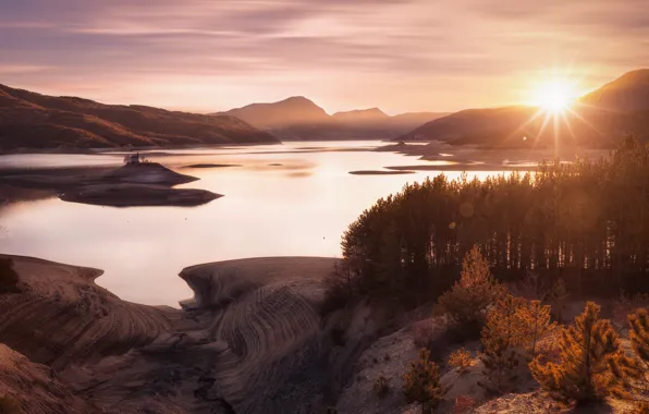 Картинка осень, лес, солнце, свет, закат, берег, остров, вечер