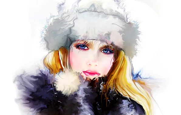 Картинка зима, девушка, лицо, женщина, girl, живопись, woman, beautiful