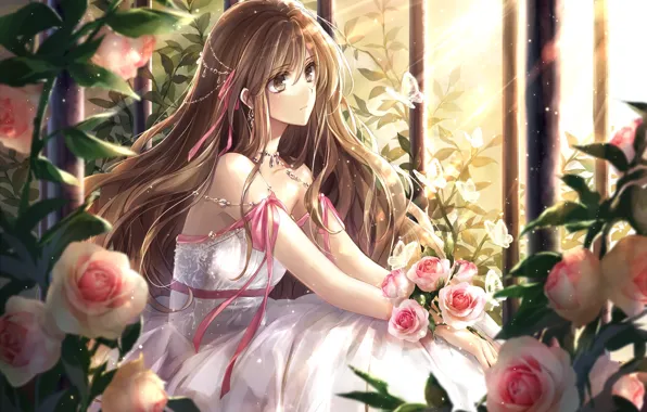Картинка девушка, бабочки, цветы, розы, клетка, аниме, арт, hagiwara rin