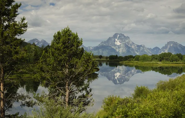 Картинка лес, облака, деревья, горы, озеро, отражение, США, Wyoming