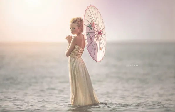 Картинка море, зонт, девочка