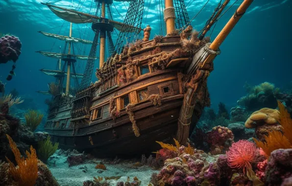 Море, вода, корабль, фэнтези, под водой, затонувший, судно, затонувшее