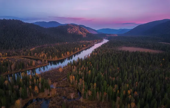 Осень, лес, озеро, река, берега, вид с высоты