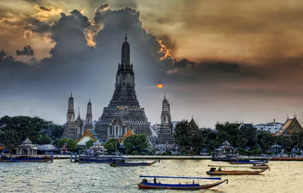 Небо, закат, река, красота, Wat Arun