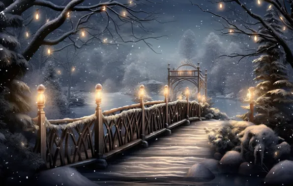 Картинка зима, снег, снежинки, ночь, мост, lights, парк, Новый Год