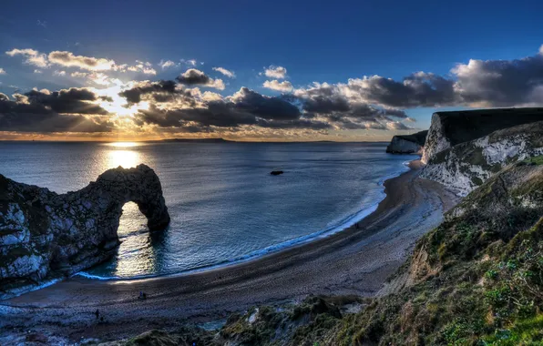 Картинка море, небо, солнце, облака, закат, скалы, побережье, Англия