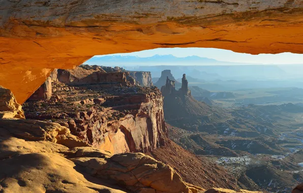 Картинка USA, landscape, nature, rocks, canyon, Utah, cave, mist