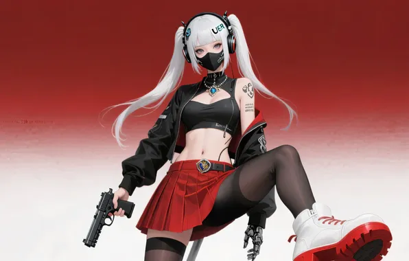 Картинка red, white, anime, headphones, rebel, haired, cyber