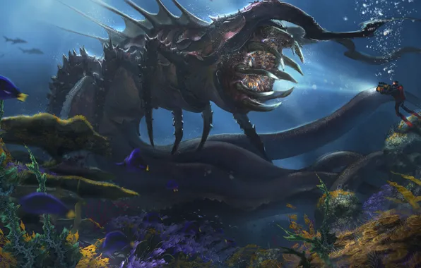 Рыбы, аквалангист, чудовище, Deep Sea Creature, Alejandro Olmedo