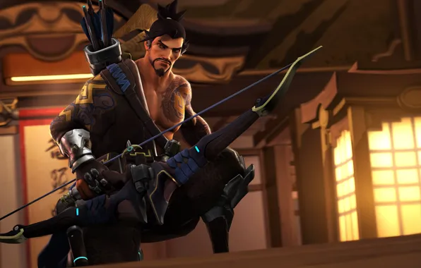 Лук, тату, мужчина, борода, колчан, лучник, Overwatch, Hanzo Shimada