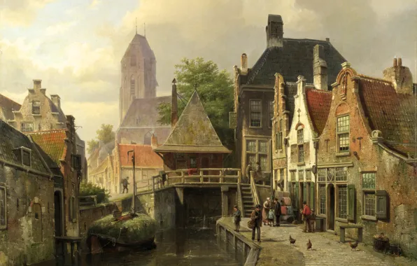 Картинка город, башня, Картина, Нидерланды, Голландия