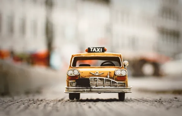 Car, игрушка, старое, такси, желтое, toy, street, asphalt