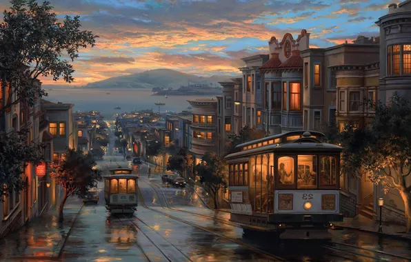 City, lights, sky, sea, sunset, san francisco, usa, tram