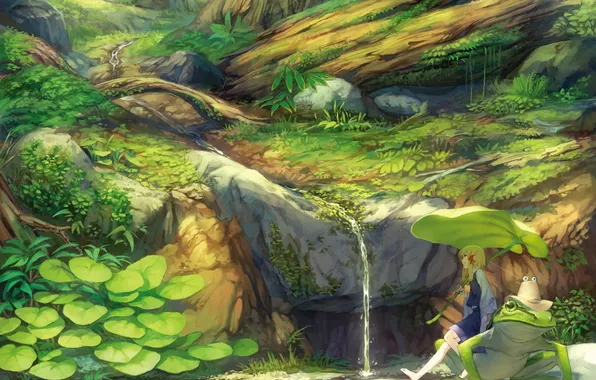 Картинка лес, девушка, деревья, природа, ручей, лягушка, шляпа, аниме