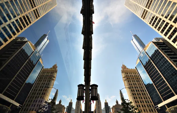 Картинка город, отражение, небоскребы, Чикаго, США, штат Иллиноис