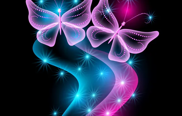Бабочки, abstract, blue, pink, glow, neon, sparkle, butterflies