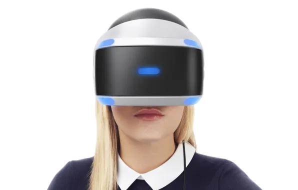 Картинка девушка, блондинка, белый фон, шлем, Sony, PlayStation 4, Playstation VR