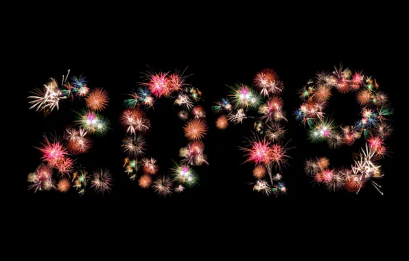 Картинка салют, colorful, Новый Год, цифры, черный фон, background, New Year, fireworks