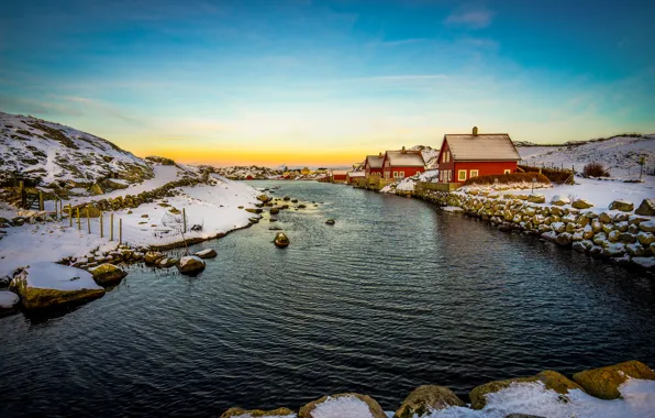 House, sunset, village, pond