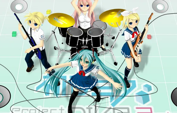 Музыка, аниме, арт, барабаны, Vocaloid, Вокалоид, персонажи