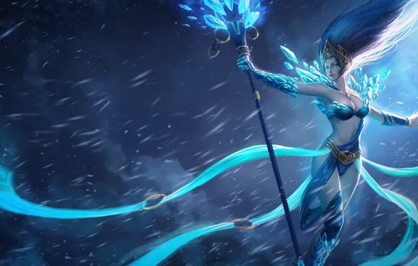 Снег, буря, арт, маг, посох, волшебница, League of Legends