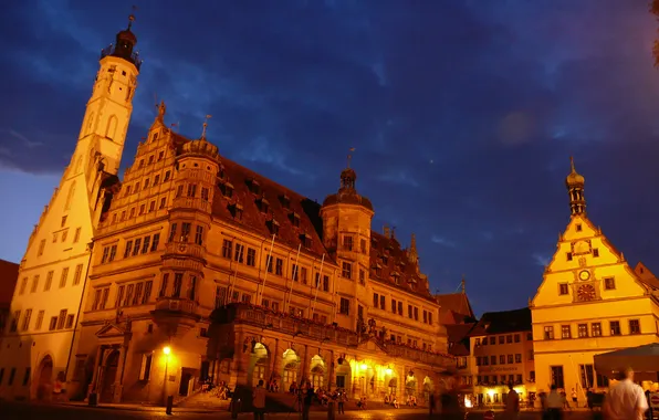 Картинка небо, ночь, огни, часы, дома, Германия, ратуша, Ротенбург-на-Таубере