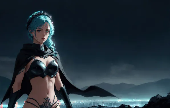 Girl, fantasy, anime, art, city lights, night sky, digital art, fantasy art