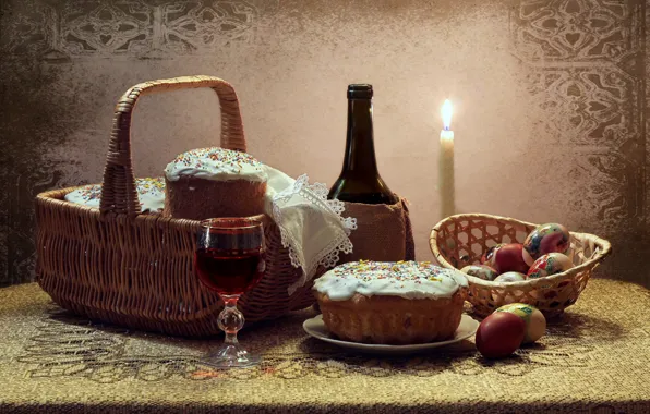 Стол, огонь, праздник, вино, корзина, бокал, бутылка, свеча