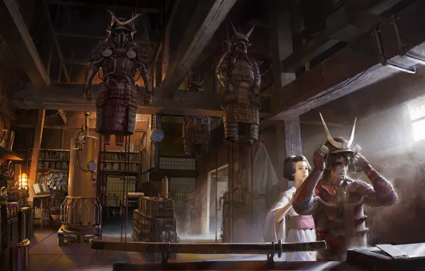 Картинка воин, рога, шлем, помещение, Steampunk samurai mash up