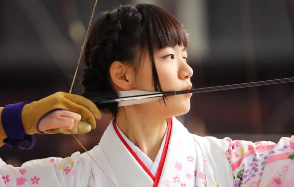 Девушка, лучница, японская, прицеливание