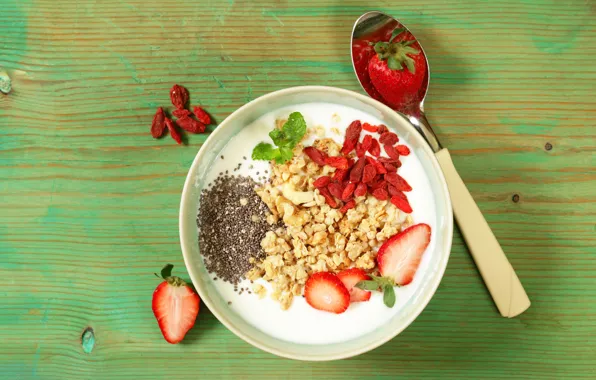 Картинка ягоды, завтрак, мюсли, йогурт