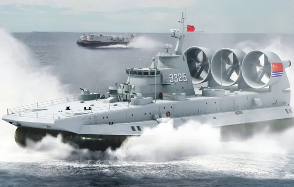 Картинка КНР, Зубр, военное судно, Военно-морские силы Китайской Народной Республики, малый десантный корабль на воздушной подушке