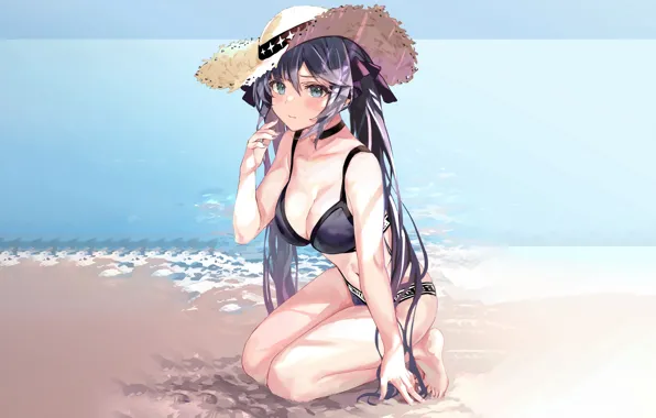 Girl, sexy, cleavage, beach, long hair, sea, boobs, anime