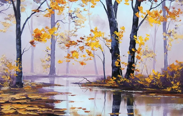 Картинка осень, лес, деревья, природа, река, желтые листья, арт, artsaus