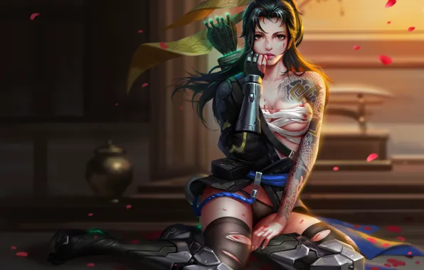 Девушка, игра, арт, overwatch, hanzo, liang xing