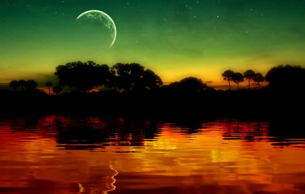 Картинка небо, звезды, пейзаж, озеро, блики, отражение, обои, луна