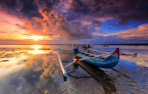 Небо, закат, отражение, океан, лодка, Тайланд