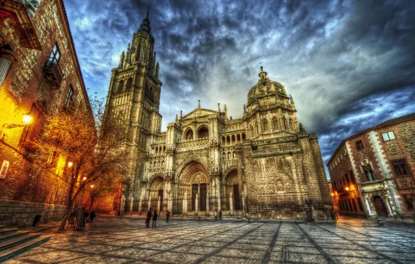 Небо, HDR, вечер, площадь, собор, Испания, Spain, Catedral de Santa Maria
