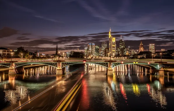Картинка мост, огни, река, здания, Германия, ночной город, Germany, Франкфурт-на-Майне