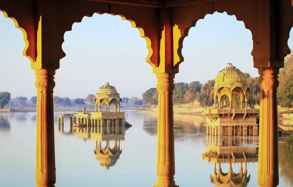 Индия, Колонны, Архитектура, Rajasthan, Раджастхан, Джайсалмер, Jaisalmer, Озеро Гадисар