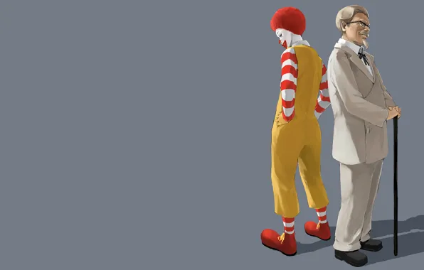 Картинка минимализм, клоун, серый фон, McDonalds, фастфуд, Рональд Макдональд, KFC