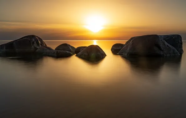 Ocean, sunset, rocks