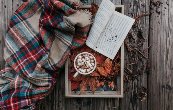 Осень, чашка, книга, плед, какао, маршмеллоу