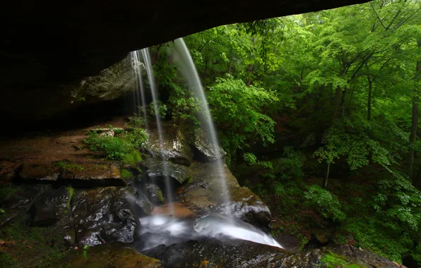 Водопад, пещера, прохлада, waterfall