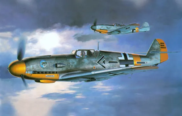 Картинка самолет, рисунок, вторая мировая, немцы, Luftwaffe, люфтваффе, мессершмитт, командир эскадры